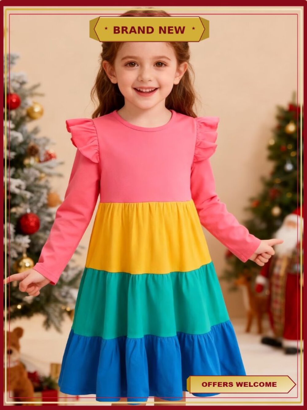 Toddler Girl Long Sleeve Ruffle Cotton Tiered Twirly Dress